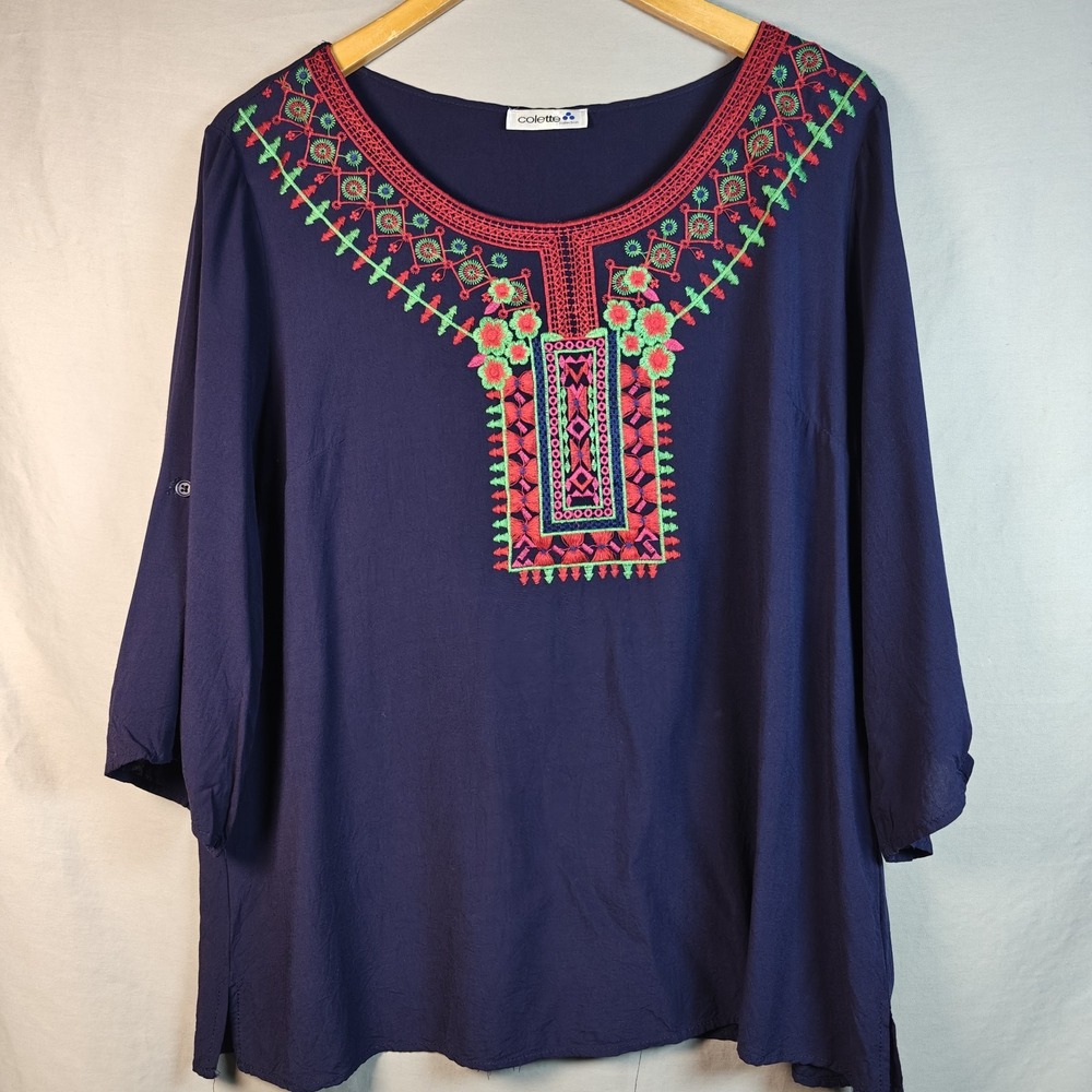 Colette Collection Blue Boho Geometric Embroidered Roll Tab 3/4 Sleeve Tunic 2XL